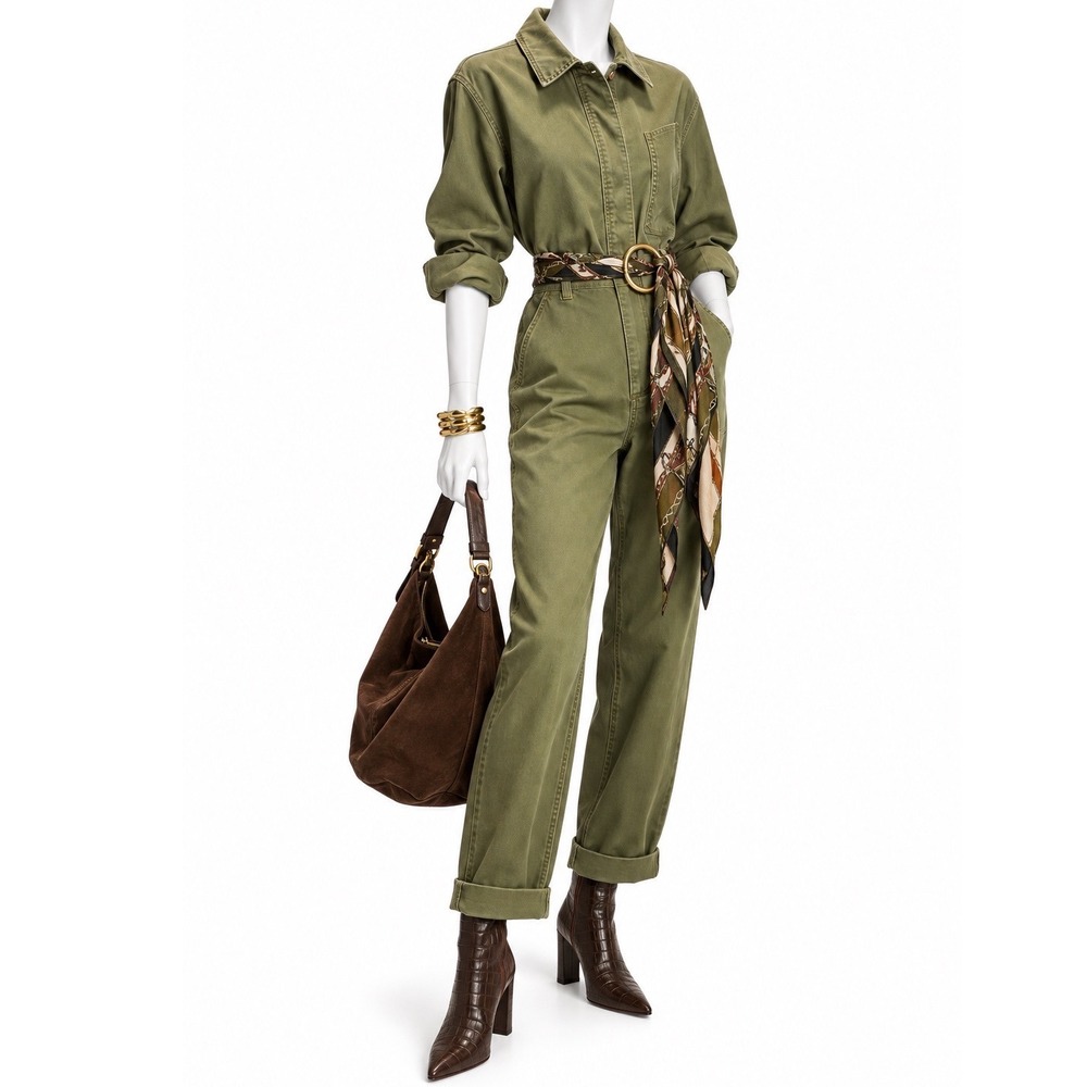 HAPPY NATURE Kate Hudson Olive Utility Jumpsuit Quiet Luxury Women's | Sz L